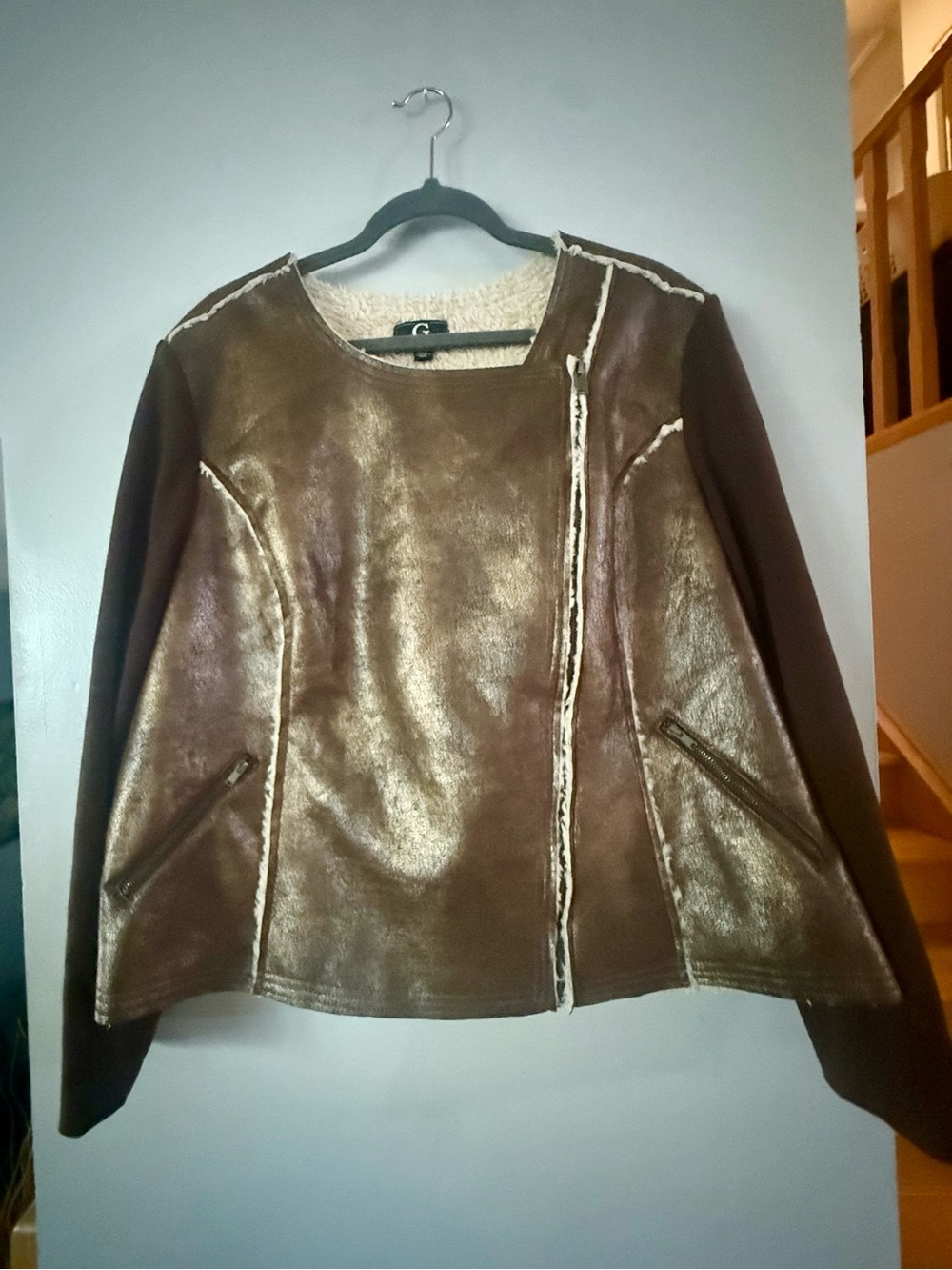 G by Giuliana Faux Leather Sherpa Moto Jacket Brown Bronze Metallic 2X